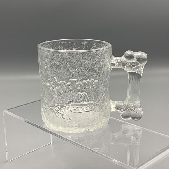 McDonalds 1993 The Flintstones Glass Pre Dawn Mug Bone Handle Etched Embossed 3D - Picture 1 of 9